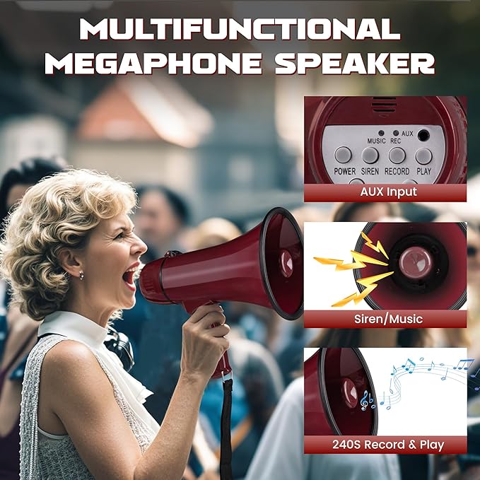 MyMealivos 20W Megaphone Bullhorn-5.4"×8.6" Portable Megaphone Built in Siren & 240s Recording, Volume Control Cover Up to 300 feet+ for Indoor and Outdoor Activities(Coffee)
