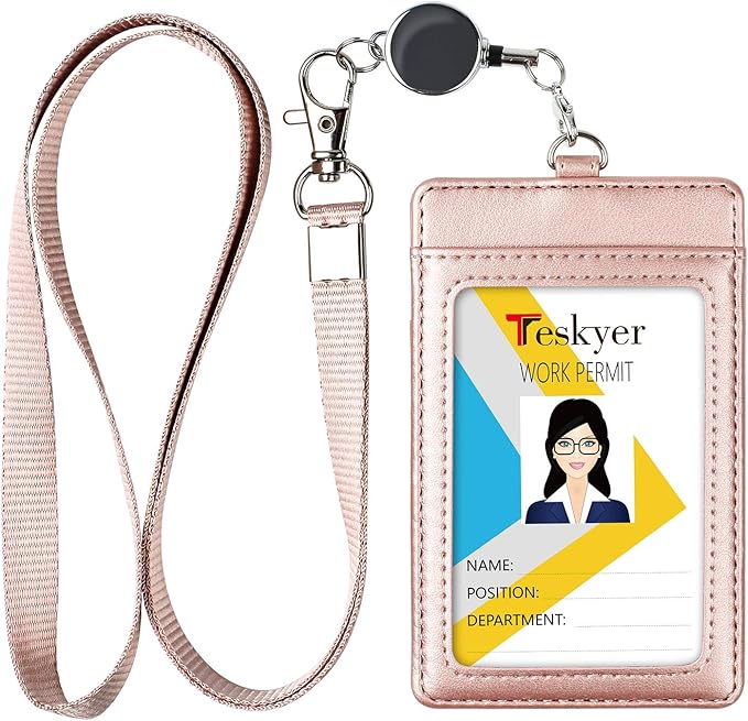 Teskyer Leather Badge Holder with Lanyard and Badge Reel, Retractable Lanyard ID Card Holder for Office School Name Work IDs, Rose Gold