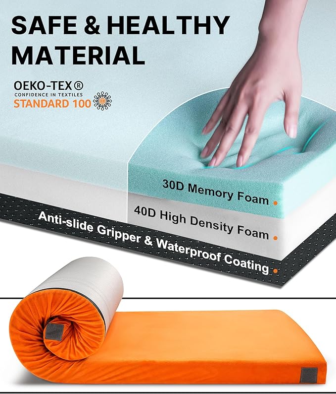 3 Inch Memory Foam Camping Mattress, Dual Layer Thick Sleeping Camp Pad for Car Tent Cot, Roll-Up Portable Glamping Floor Bed for Guests Sleepover