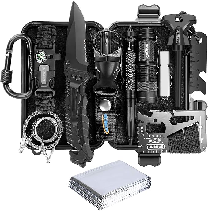 XUANLAN Emergency Survival Kit 13 in 1, Outdoor Survival Gear Tool with Survival Bracelet, Fire Starter, Whistle, Wood Cutter, Water Bottle Clip, Pen (Survival Kit 1)