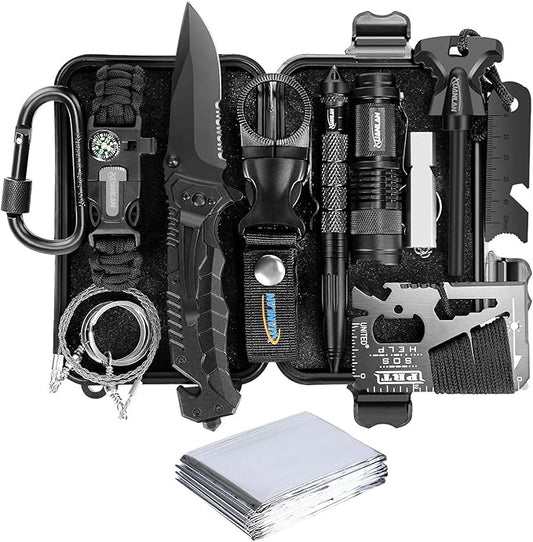 XUANLAN Emergency Survival Kit 13 in 1, Outdoor Survival Gear Tool with Survival Bracelet, Fire Starter, Whistle, Wood Cutter, Water Bottle Clip, Pen (Survival Kit 1)