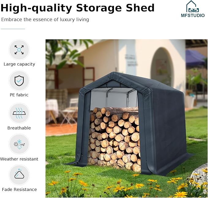 MFSTUDIO 6x10 Storage Sheds, Outdoor Shades Portable Storage Shelter Garage with Rolled up Zipper Doors, Heavy Duty Garages Carport Tent for Motorcycle, Bicycles and Outdoor Tools