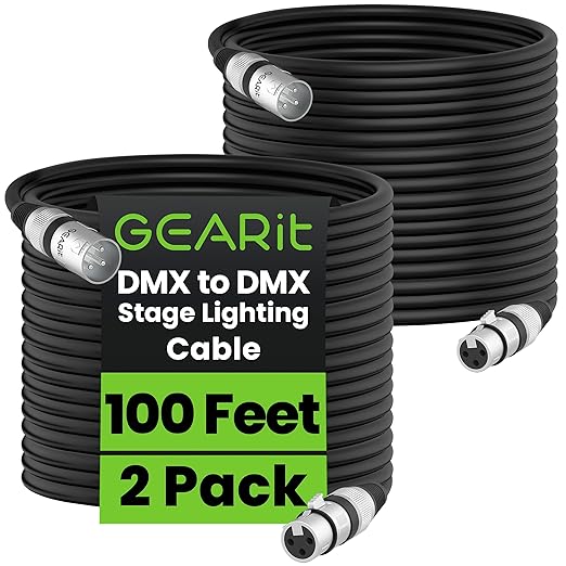 GearIT DMX Stage Lighting Cable - 100 Feet, 2-Pack (XLR Compatible) 3-Pin Balanced Shielded for DJ, LED Moving Head Par Light, Mic Mixer, Recording Studio, Podcast - 100ft