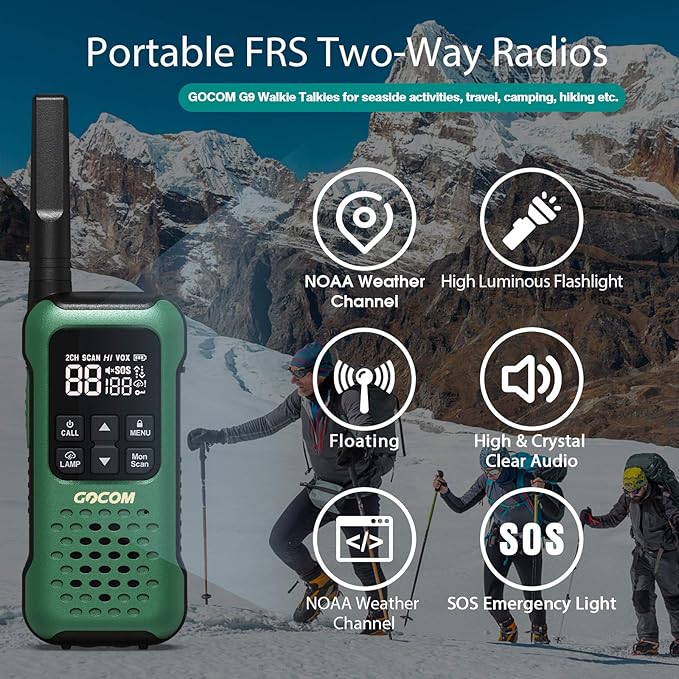 GOCOM G9 Waterproof Walkie Talkie for Adult Long Range, Floating Portable Two Way Radio, NOAA Weather Alert,SOS,Flashlight, Rechargeable 2 Way Raido for Adults (4 Pack)