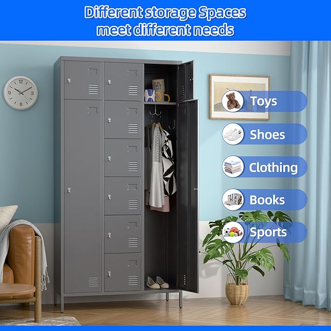 Metal Lockers for Employees with 10 Doors, 72" H Steel Lockable Storage Lockers with 6 Hooks and 10 Card Holder for Office, Home, Gym, School, Employees, Dark Grey