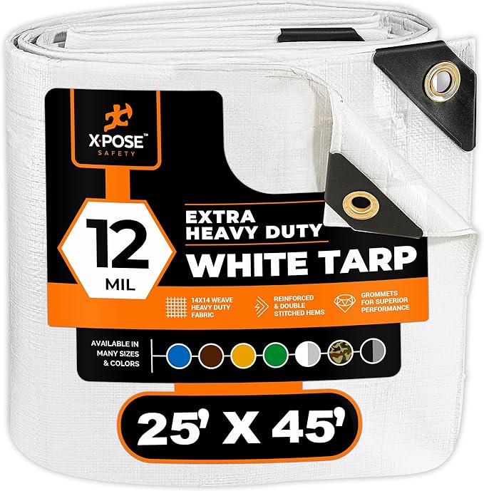 Heavy Duty White Poly Tarp 25' X 45' - Multipurpose Protective Cover - Durable, Waterproof, Weather Proof, Rip and Tear Resistant - Extra Thick 12 Mil Polyethylene - by Xpose Safety