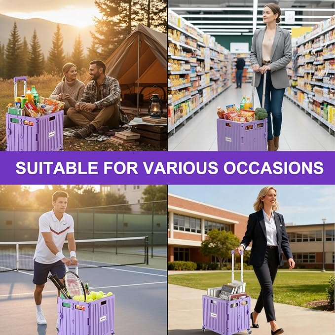 Foldable Utility Cart Folding Portable Rolling Crate Handcart with Durable Heavy Duty Plastic Telescoping Handle Collapsible 4 Rotate Wheels for Travel Shopping Moving Luggage Office Use (Purple)