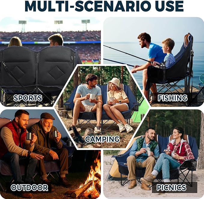 Oversized Double Camping Chair - 2 Person Portable Folding Outdoor Loveseat Heavy Duty Lawn Chairs for Adults with Padded Cushion & Dual Cup Holders, Supports 660LBS for Camping，Sports，Picnic