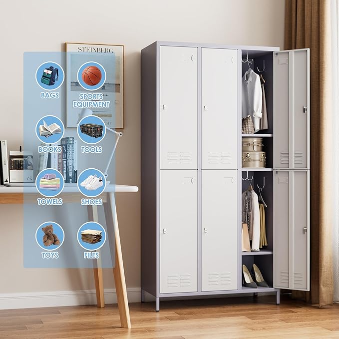 Metal Lockers for Employees with 6 Doors and 18 Hooks, 72”H Storage Locker with Card Slot for Office Gym School Bedroom, White and Gray, Assembly Required