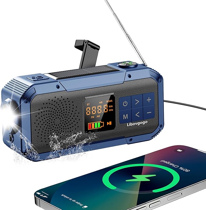 Emergency Weather Radio with IPX5 Waterproof Portable Bluetooth Speaker,USB-C Solar Hand Crank,NOAA Alarm AM FM Radio,Flashlight,SOS Alarm,2000mAh Cell Phone Charger for Camping Survival