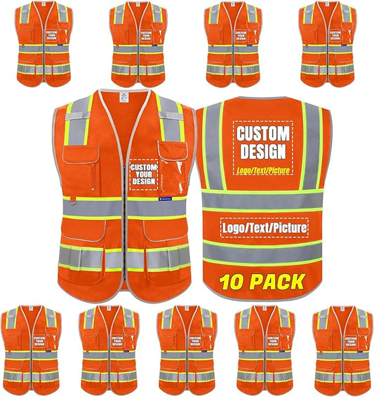BeautyWill 10 Pack Custom Logo Safety Vest ANSI Class 2 High Visibility Reflective Vest Personalized Construction Vest Bulk
