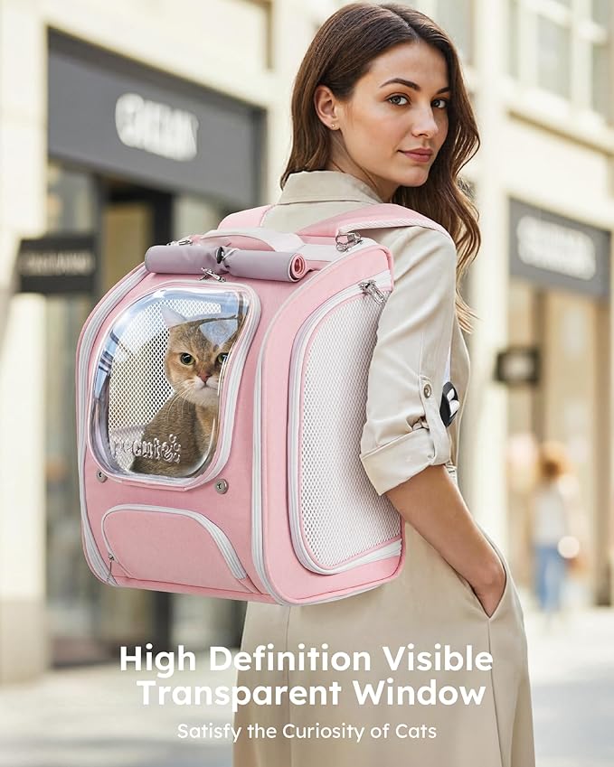 Pecute Cat Backpack Carrier, Large Space Cat Bubble Backpack, Breathable Cat Carrier, Shaded Dog Backpack Carrier, Ergonomic 3D Design for Travel, Hiking, Suitable for Shopping, and Vet, Pink