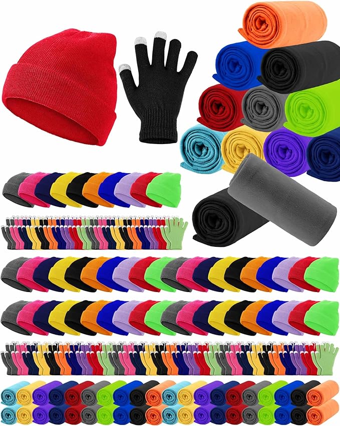 Panitay 150 Pcs Homeless Care Package Supplies Bulk Hats Gloves Fleece Blankets for Men Women Homeless Donating Supplies