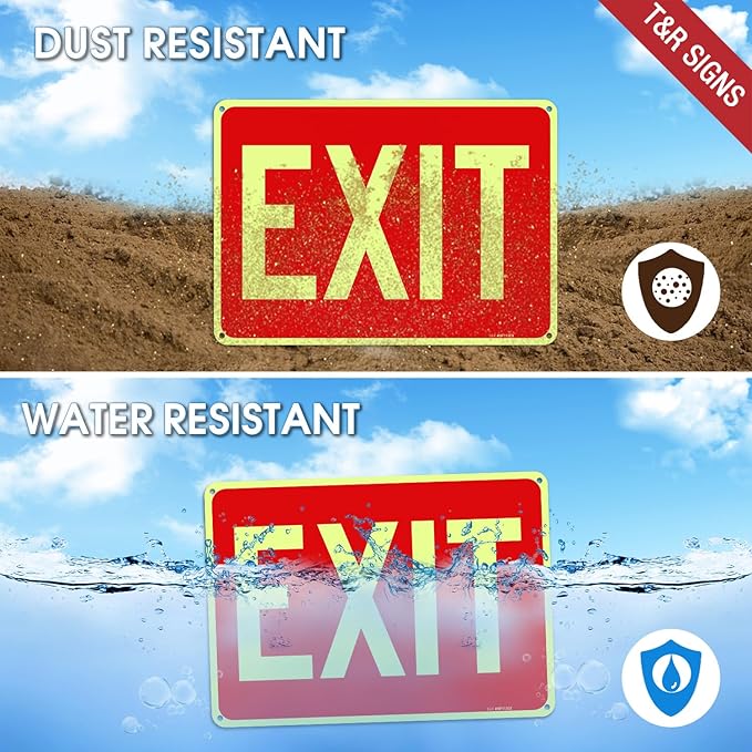 T&R Large Exit Sign - 2 Pack - - 14 x 10 Inches Rust Free .040 Aluminum Glow-In-The-Dark - UV Protected, Waterproof and Fade Resistant - 4 Pre-drilled Holes