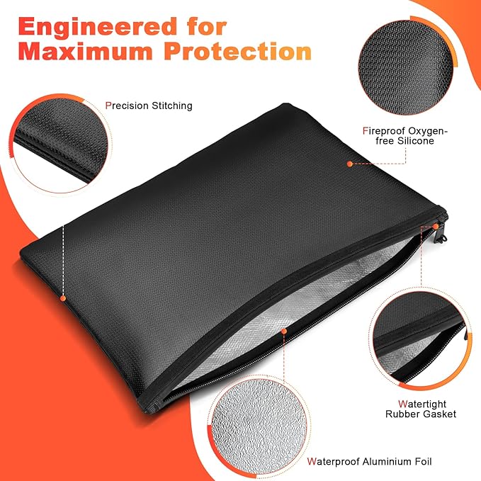 Fireproof Money Bag, 13.5 x 10 Inch, Fire Proof Bag for Documents, Waterproof Travel Document Holder & Organizer for Cash, Passport, Credit Cards - Portable Fire Resistant Pouch for Home