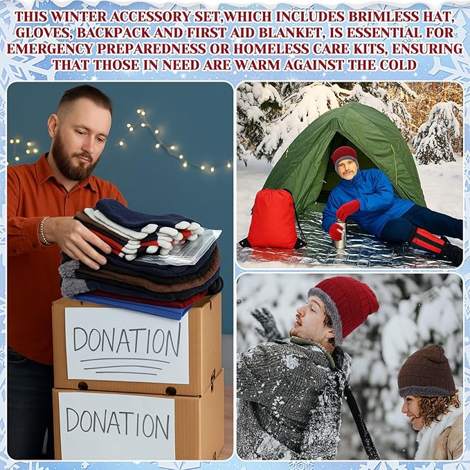 Geyoga 120 Pcs Charity Donation Homeless Care Supplies Bulk Winter Beanie Emergency Blanket Touchscreen Glove Drawstring Bags