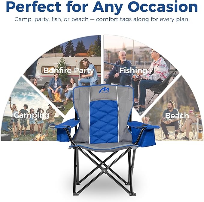 Oversized Padded Camping Chair, Heavy-Duty Steel Frame for 450 lbs Supports, Convenient 6-Can Cooler, Portable Carry Bag, Perfect for Outdoor, Beach, and Hiking (Gray & Sapphire Blue)