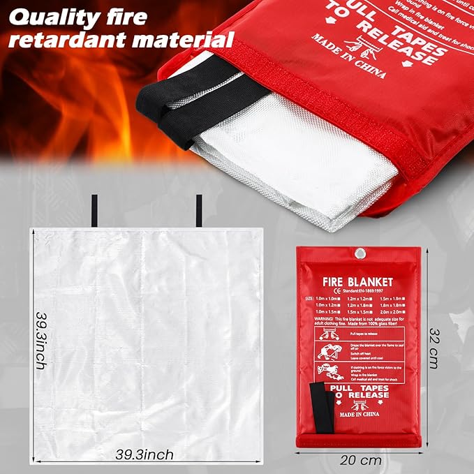 2 Sets Emergency Fire Blanket for Home Fire Suppression Thermal Blankets with Emergency Whistles, Hooks and Gloves for Kitchen, Fireplace, Car, Office, 39.3" x 39.3"