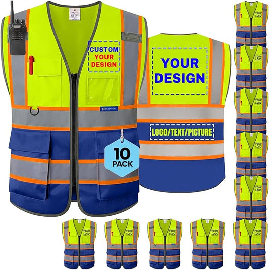 BeautyWill 10 Pack Custom Logo Safety Vest ANSI Class 2 High Visibility Reflective Vest Personalized Construction Vest Bulk