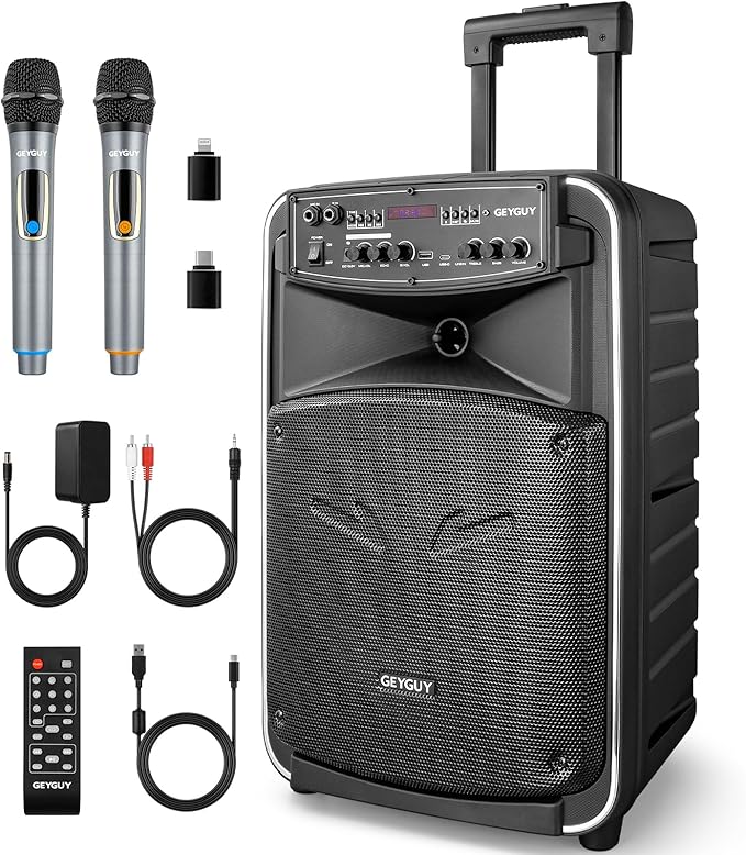 GTSK12-2 Portable Bluetooth PA Speaker System with TWS, Wireless Karaoke Machine for Adults with 12” Subwoofer, Dual UHF Mics, Rechargeable Outdoor Speaker w/USB-C, SD, FM, AUX – for Parties & Events