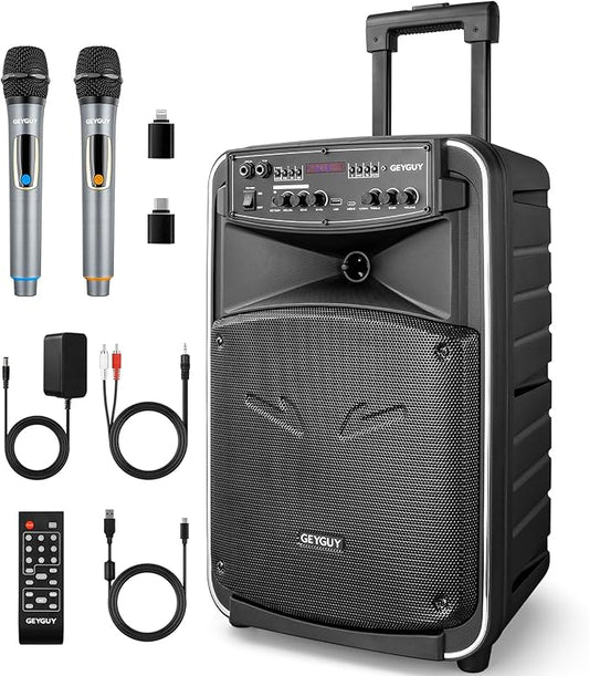 GTSK12-2 Portable Bluetooth PA Speaker System with TWS, Wireless Karaoke Machine for Adults with 12” Subwoofer, Dual UHF Mics, Rechargeable Outdoor Speaker w/USB-C, SD, FM, AUX – for Parties & Events