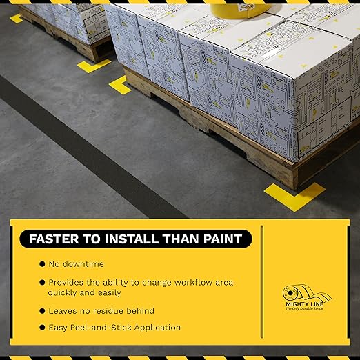 Mighty Line Anti-Slip Caution Floor Marking Tape for Safety, Warning, Heavy-Duty, Peel and Stick, Adhesive, Industrial Quality, 4" Glow, 60' Roll
