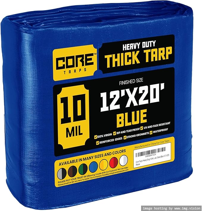 Core Tarps Heavy Duty 10 Mil Tarp Cover, Waterproof, UV Resistant, Rip and Tear Proof, Poly Tarpaulin with Reinforced Edges for Roof, Camping, Patio, Pool, Boat (Blue 12′ X 20′)