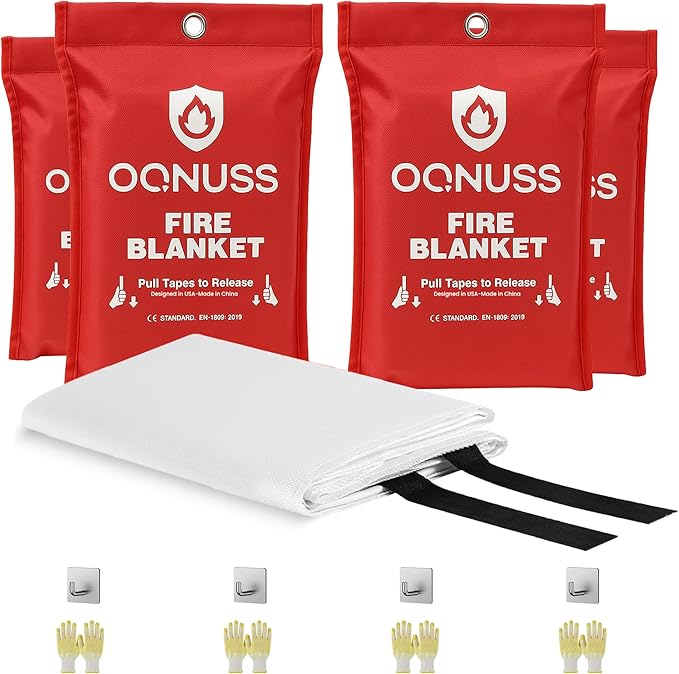 Emergency Fire Blanket 40x40 Inch - 4 Pack Fiberglass Fireblanket with Hook & Gloves | Fire Safety Blanket for Kitchen, Home, Garage, Camping
