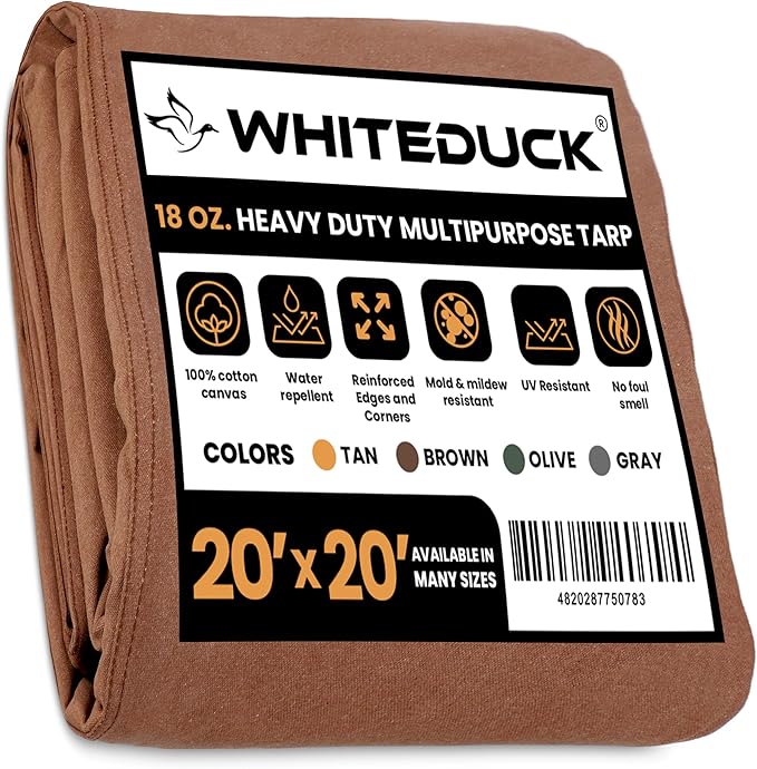 WHITEDUCK 20'x20' Canvas Tarp 18 oz/37 Mil Heavy Duty Waterproof UV Resistant, Rustproof Grommets, Industrial & Commercial Use Cloth Tarp (Finished Size: 19'6"x19'6", Brown)