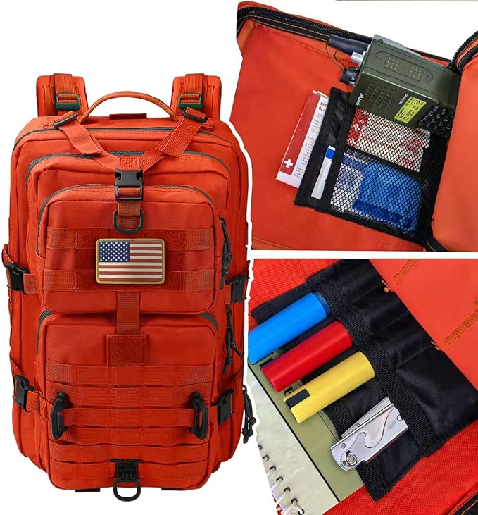 MOLLE Assault Backpack, Tactical Backpack Military Army Camping Rucksack, 3-Day Pack Trip w/USA Flag Patch, D-Rings, Orange