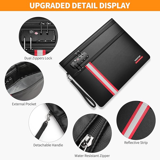 HONTOM Fireproof Document Bag,6400℉ Upgraded Material Fireproof Water Resistant Money Bag with Lock,Home Fire Safe Storage Bag Pouch for Letter Size Documents,Passport and Cards