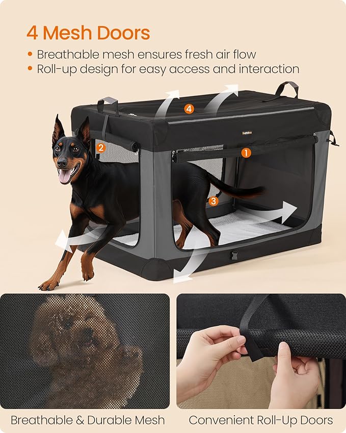 Feandrea Collapsible Dog Crate, 44-Inch Portable Dog Travel Crate for Extra Large Dogs, Oxford Fabric Pet Carrier with 4 Mesh Doors, Handles, Storage Pocket, Water Bottle Holder, Ink Black UPDC022BH01