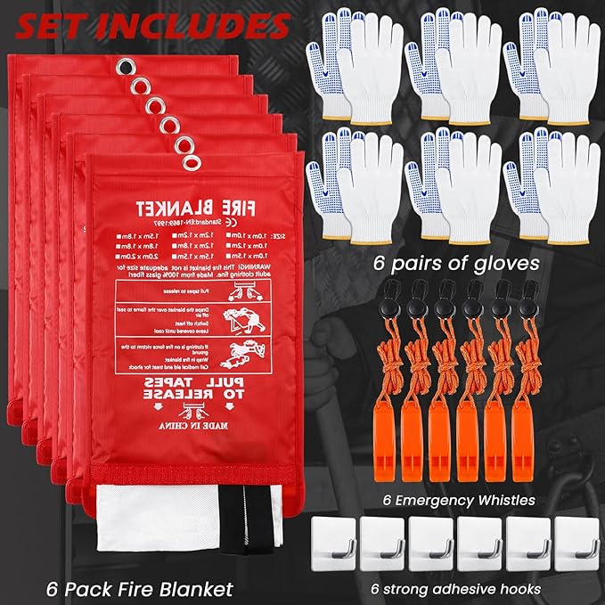 6 Sets Emergency Fire Blanket for Home Fire Suppression Thermal Blankets with Emergency Whistles, Hooks and Gloves for Kitchen, Fireplace, Car, Office, 39.3" x 39.3"