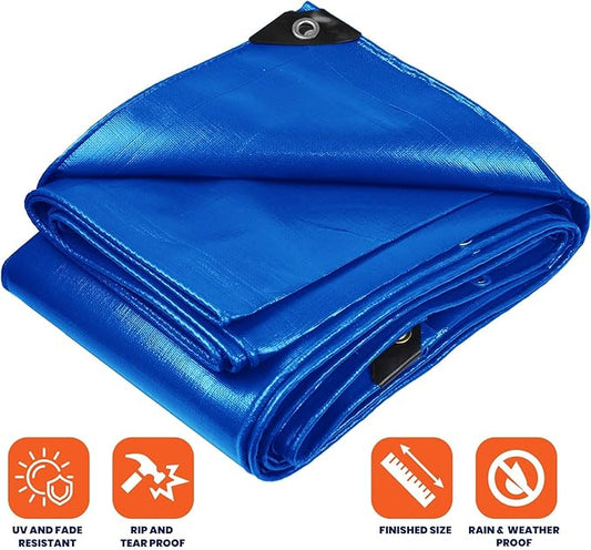 Tarpco Safety Extra Heavy Duty 14 Mil Tarp Cover, Waterproof, UV Resistant, Rip and Tear Proof, Poly Tarpaulin with Reinforced Edges for Roof, Camping, Patio, Pool, Boat (Blue 20′ X 20′)