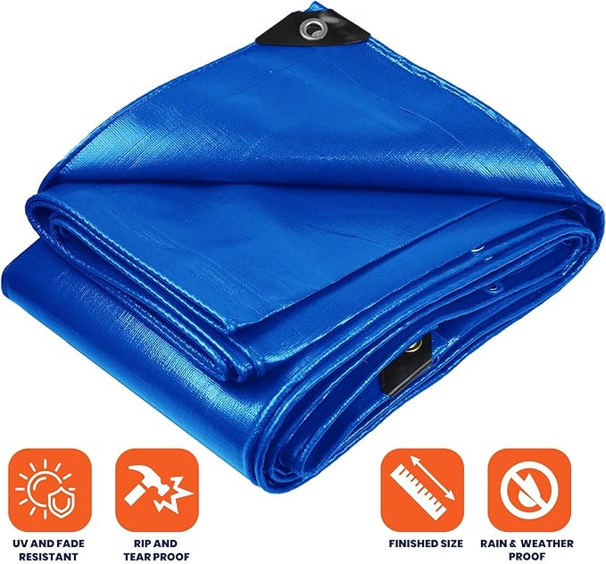 Tarpco Safety Extra Heavy Duty 14 Mil Tarp Cover, Waterproof, UV Resistant, Rip and Tear Proof, Poly Tarpaulin with Reinforced Edges for Roof, Camping, Patio, Pool, Boat (Blue 24′ X 50′)