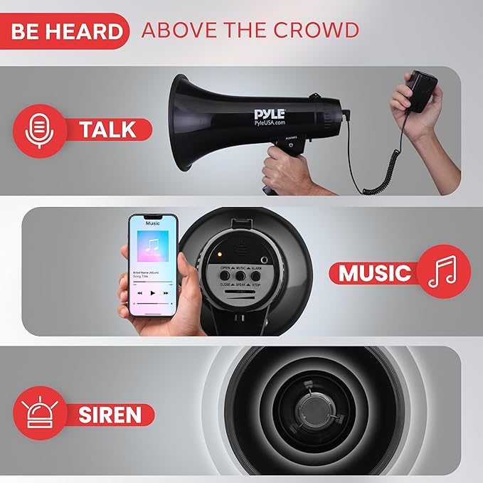 Pyle Megaphone Speaker PA Bullhorn Built-in Siren - Adjustable Volume Control & 1200Yard Range - for Football, Soccer, Baseball, Hockey & Basketball Cheerleading Fans & Coaches or for Safety Drills