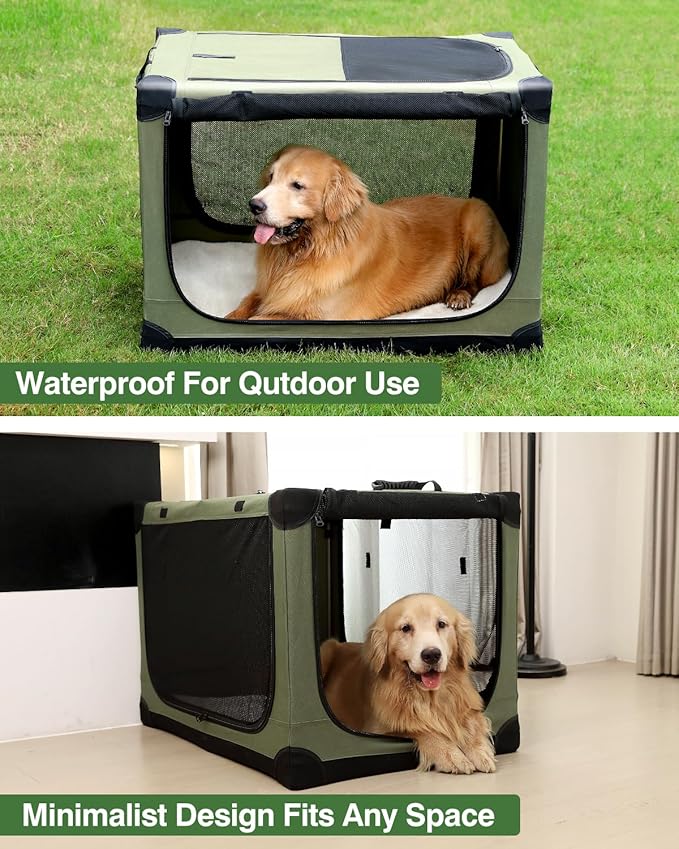 30 Inch Collapsible Travel Dog Crate for Medium Large Dogs, Portable Dog Crate 4-Door Foldable Soft Kennel with Durable Mesh Windows for Indoor & Outdoor Travel, with Storage Bag,Green