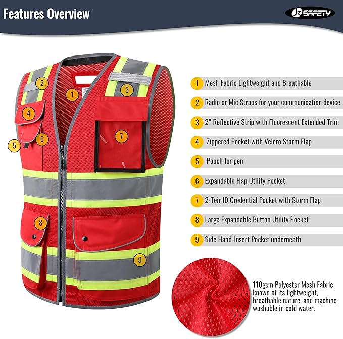 JKSafety 11 Pockets Hi-Vis Black Mesh Safety Vest for Men Women High Visibility Reflective Construction with Zipper Work Utility PPE Work Gear ANSI/ISEA compliant (102-Red M)
