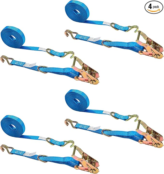 US Cargo Control J Hook Ratchet Straps 1" x 20' (4-Pack), 1 Inch Ratchet Straps with Double J-Hooks & D-Rings, 1,320 LBS Break Strength, Versatile Cargo Tie Downs for Pickup Trucks, Trailers, & More