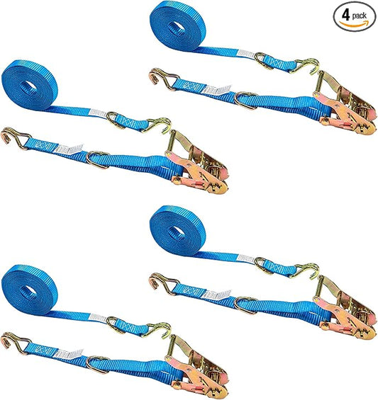 US Cargo Control J Hook Ratchet Straps 1" x 20' (4-Pack), 1 Inch Ratchet Straps with Double J-Hooks & D-Rings, 1,320 LBS Break Strength, Versatile Cargo Tie Downs for Pickup Trucks, Trailers, & More