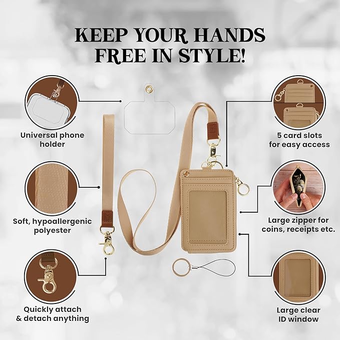 2-in-1 ID Badge Holder & Lanyard Wallet - Multi-Use Womens Small Wallet with Removable Wristlet & Neck Lanyard, Clear Window, 5 Card Slots, Phone Holder, Ring Keychain - Taupe