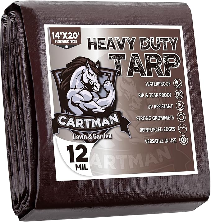 CARTMAN Finished Size 14x20 Feet Extra Thick 12 Mil Heavy Duty Poly Tarp, Multipurpose Protective Cover, UV Resistant, Waterproof Poly Tarpaulin with Reinforced Edges