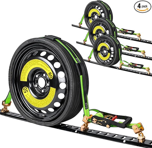 2" x 10' E Track Tire Straps,4Pack,Wheel Straps with E-Track Idler Swivel Anchors Vehicle Hauler,Car Tie Down Straps for Trailers with 3 Rubber Blocks for Towing Car, ATV,UTV
