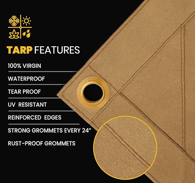 PROTARP Heavy Duty 14 OZ Water Resistant Canvas Tarp, UV Resistant Tarpaulin Cover with Rustproof Brass Grommets, Multipurpose for Canopy, Roof, Camping, Woodpile (Tan 12'X16')
