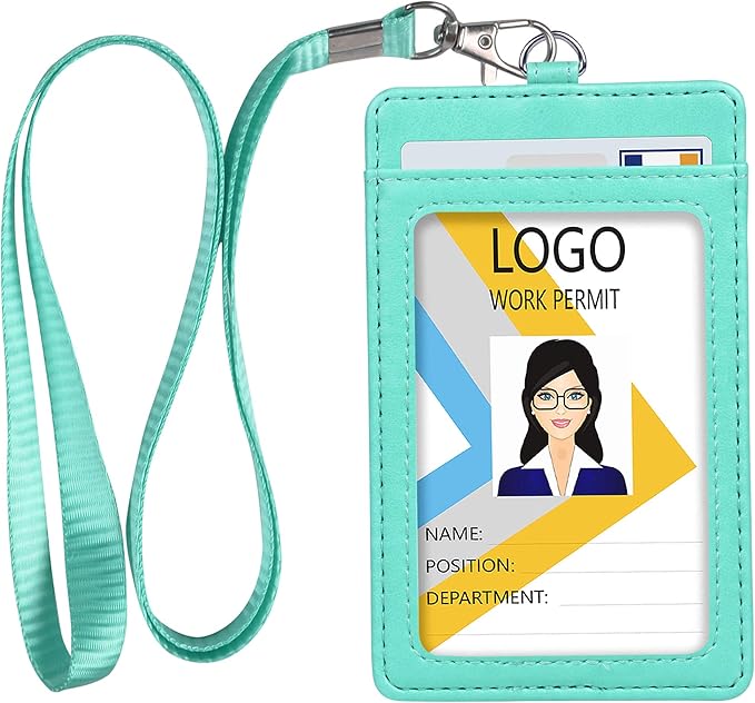 Teskyer Badge Holder with Lanyard, Leather ID Name Badge Card Holder with Lanyard for ID Badges, Vertical Green