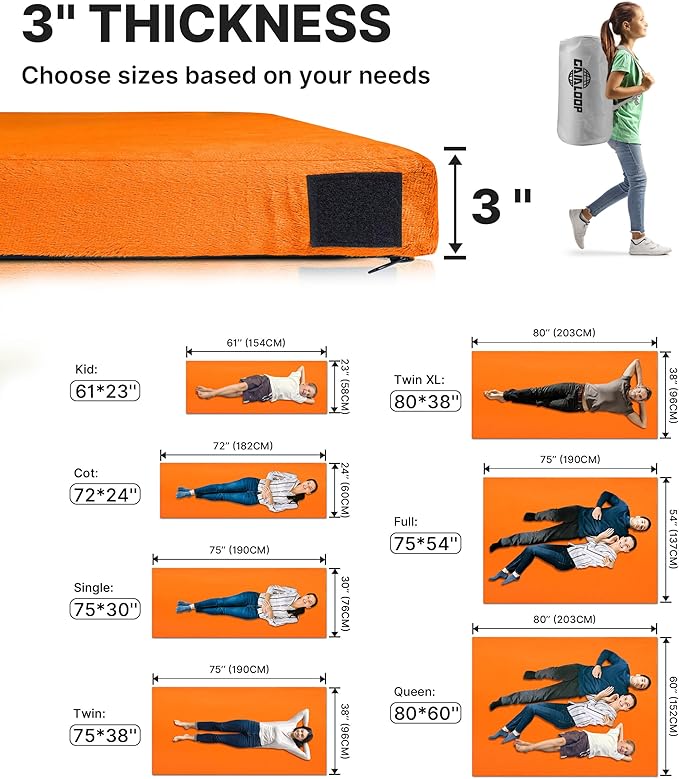 3 Inch Memory Foam Camping Mattress, Dual Layer Thick Sleeping Camp Pad for Car Tent Cot, Roll-Up Portable Glamping Floor Bed for Guests Sleepover