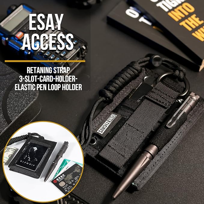 OneTigris Tactical ID Card Holder Hook & Loop Patch Badge Holder Neck Lanyard Key Ring and Credit Card Organizer (Black)