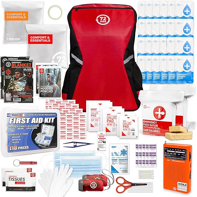 Earthquake Kit - 72 HRS Essential Emergency Survival Kit, Heavy Duty 72 Hour Bug Out Bag Survival Kit for Earthquake, Hurricane, Tsunami - Include Emergency First Aid Kit, Water, Food (Red 2 Person)