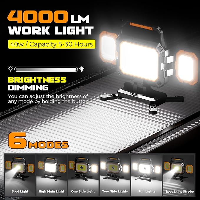 Yzoni LED Rechargeable Work Light, 40W 4000LM Magnetic Work Light with 6 Modes, Battery Powered Portable Mechanic Lights with 360°Rotate Foldable Design for Auto Car, Garage, Workshop