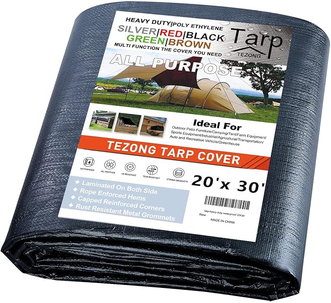Tarp Heavy Duty Waterproof 20x30ft,TEZONG Black Plastic Tarp 12MIL Outdoor Tarpaulin Cover for Emergency Rain,Patio Furniture,Wood,Roof,Camping,Car,Pool